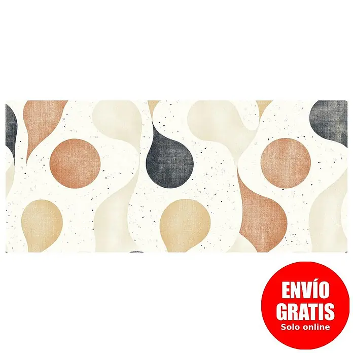 Cabecero de cama Retro - L x An: 95 x 60 cm, Multicolor - Textil con patrón abstracto de formas orgánicas y círculos en terracota, beige y gris oscuro sobre un fondo crema salpicado.