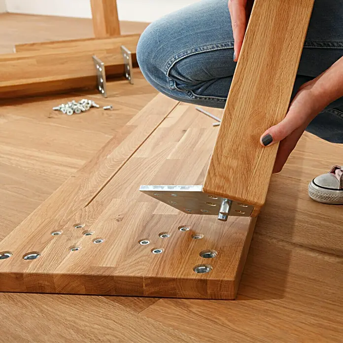 Exclusivholz Aspen Soporte para tableros - Roble, 20 x 8 x 8 cm, 2 ud. - La imagen muestra el montaje de un mueble de madera con un soporte metálico. Tornillos y herramientas listos para la construcción.