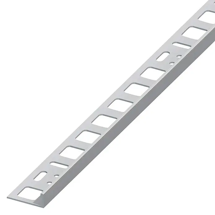Fliesenprofil - Edelstahl, 2,5 m x 8 mm - Graue Fliesenschiene mit quadratischen Aussparungen, ideal für saubere Kanten und modernes Design im Bad oder Küche.