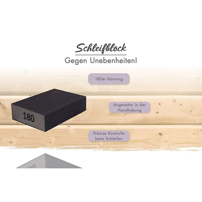 Karibu Pflege-Set - Gesamtumfang: 6 -tlg. - Schwarzer Schaumstoff-Schleifblock mit „180“-Körnung zur Glättung von Oberflächen.