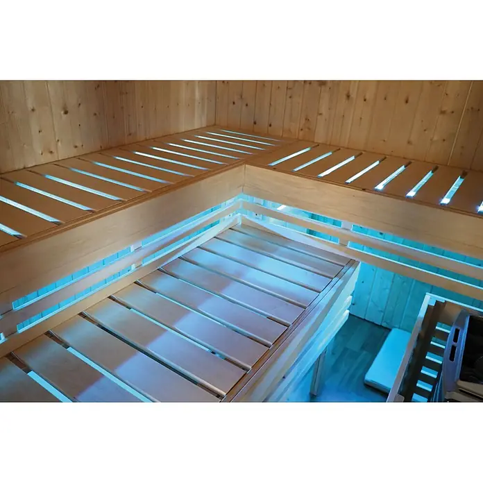 Karibu Saunaleuchten-Set - Länge: 75 cm, 4 -tlg. - Moderne Holzsaunabänke mit blauer LED-Akzentbeleuchtung schaffen eine entspannende Atmosphäre.