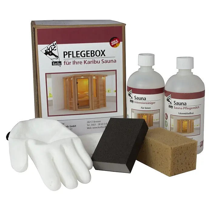 Karibu Pflege-Set - Gesamtumfang: 6 -tlg. - Karibu Sauna Pflegebox mit Intensivreiniger, Pflegemilch, Handschuhen und zwei Schwämmen.