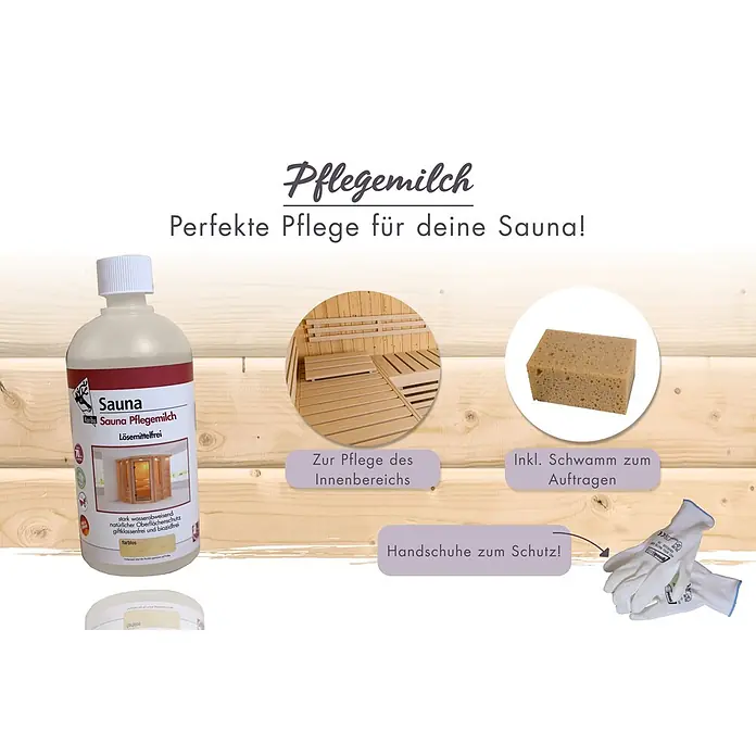 Karibu Pflege-Set - Gesamtumfang: 6 -tlg. - Sauna Pflegemilch Flasche mit Schwamm und Handschuhen, als komplettes Saunapflegeset für Holz.