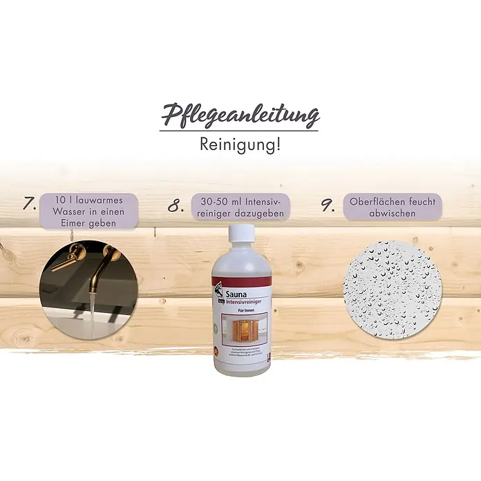 Karibu Pflege-Set - Gesamtumfang: 6 -tlg. - Flasche mit Sauna Intensivreiniger. Wird mit warmem Wasser verwendet, um Oberflächen feucht abzuwischen und Wasserflecken sowie Schweiß zu entfernen.