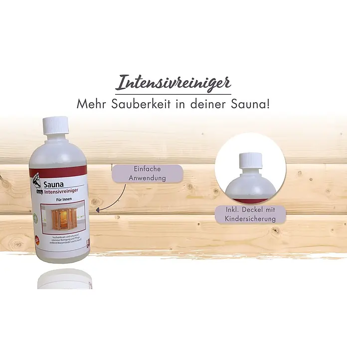 Karibu Pflege-Set - Gesamtumfang: 6 -tlg. - Weiße Flasche Saunareiniger mit kindersicherem Verschluss für einfache Anwendung.