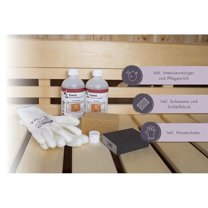 Karibu Pflege-Set - Gesamtumfang: 6 -tlg. - Sauna-Reinigungs- & Pflegeset mit zwei Flaschen Reiniger, weißen Handschuhen, Schwamm und Schleifblock für Holzoberflächen.