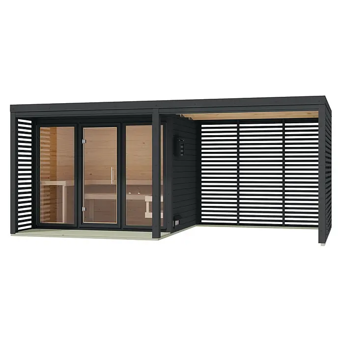 Karibu Massivholzsauna Heimdall - Elektroofen, Steuerung Ofen: Integriert, L x B x H: 537,5 x 276 x 231,5 cm - Dunkelgraue Außensauna mit Glastüren und angeschlossenem Lamellen-Sichtschutzbereich, mit heller Holzinnenausstattung und Basis.