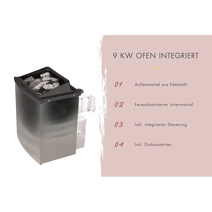 Karibu Saunahaus Kaapi 2 - 9 KW Ofen mit interner Steuerung, Anthrazit, L x B x H: 146 x 196 x 228 cm - Edelstahl-Saunaofen mit schwarzen Diabassteinen, 9 KW integriert.
