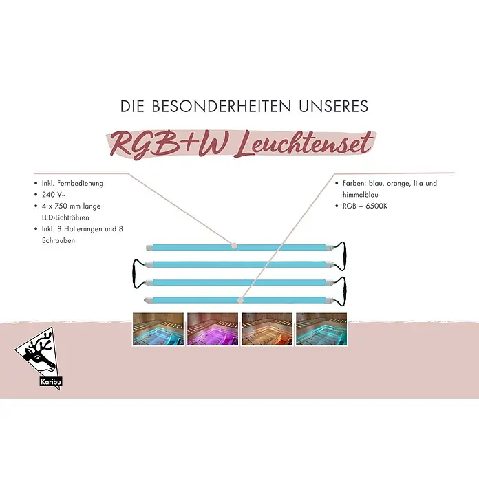 Karibu Saunaleuchten-Set - Länge: 75 cm, 4 -tlg. - Vier RGB+W LED-Lichtröhren in Blau, Violett, Orange und Türkis, unter Holzbänken installiert.