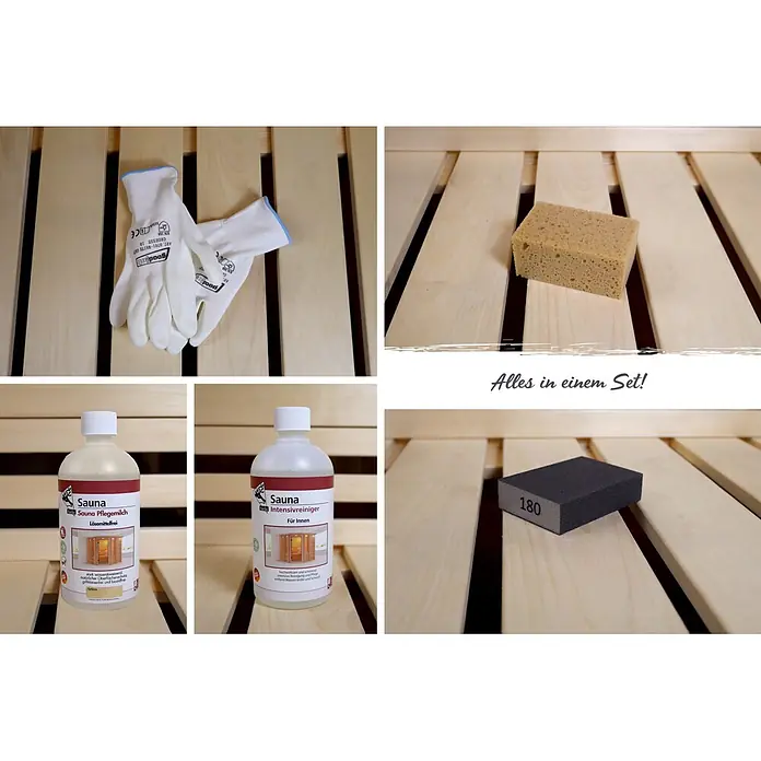 Karibu Pflege-Set - Gesamtumfang: 6 -tlg. - Saunapflegeset: Weiße Handschuhe, Schwamm, Schleifblock und zwei Flaschen Sauna-Reinigungs- und Pflegeprodukte auf Holzlamellen.