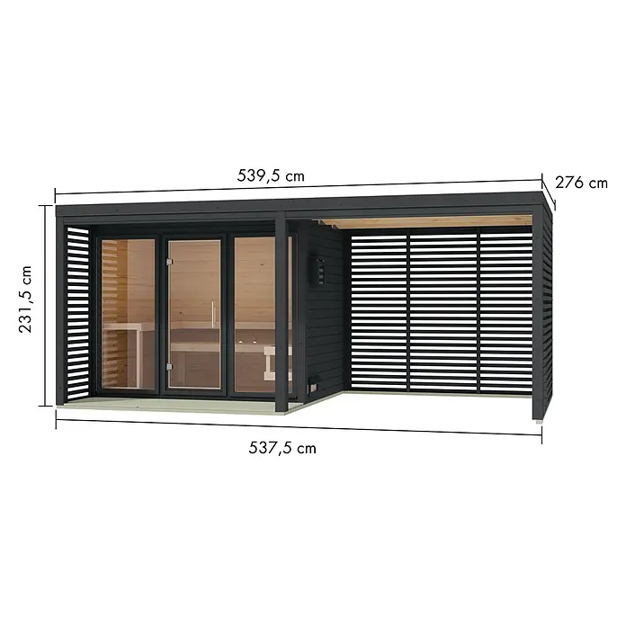 Karibu Massivholzsauna Heimdall - Elektroofen, Steuerung Ofen: Integriert, L x B x H: 537,5 x 276 x 231,5 cm - Dunkelgraue Außensauna mit Glastüren, integriert in eine Pergola mit Holzlamellen.