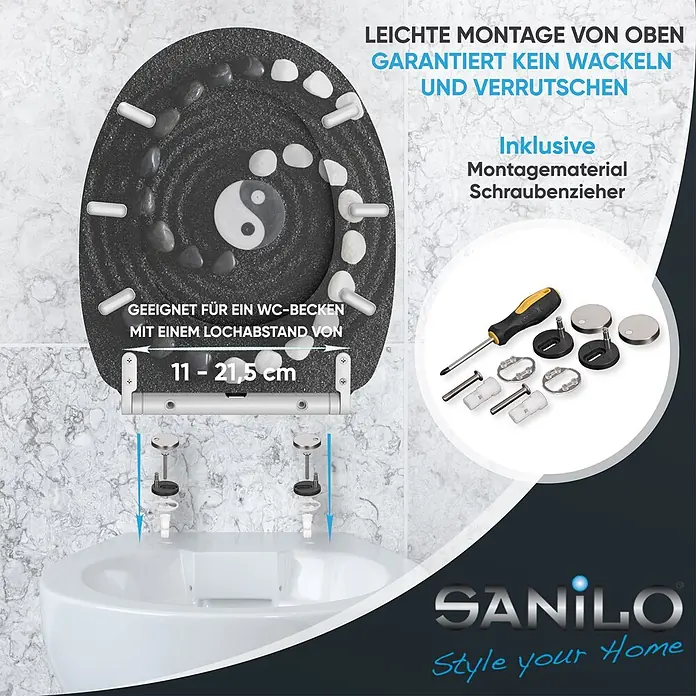 SANILO WC-Sitz Yin Yang mit Schnellverschluss - MDF, Schwarz, Mit Absenkautomatik - WC-Sitz in Schwarz mit Yin & Yang Design, verstellbaren Scharnieren (11-21,5cm Lochabstand) und Montage von oben. Inkl. Befestigungsmaterial.