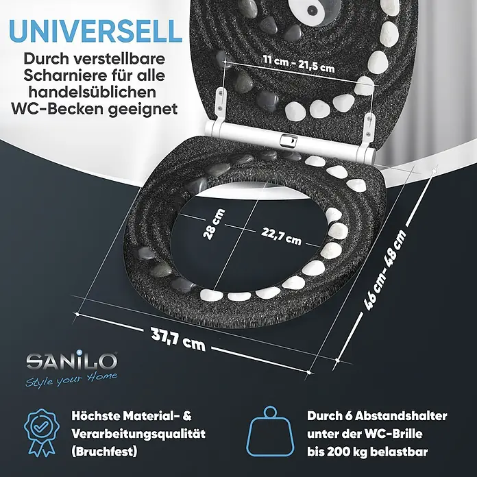 SANILO WC-Sitz Yin Yang mit Schnellverschluss - MDF, Schwarz, Mit Absenkautomatik - Schwarzer WC-Sitz mit Kieselstein- & Yin-Yang-Design. Universell passend durch verstellbare Scharniere, bis 200 kg belastbar.