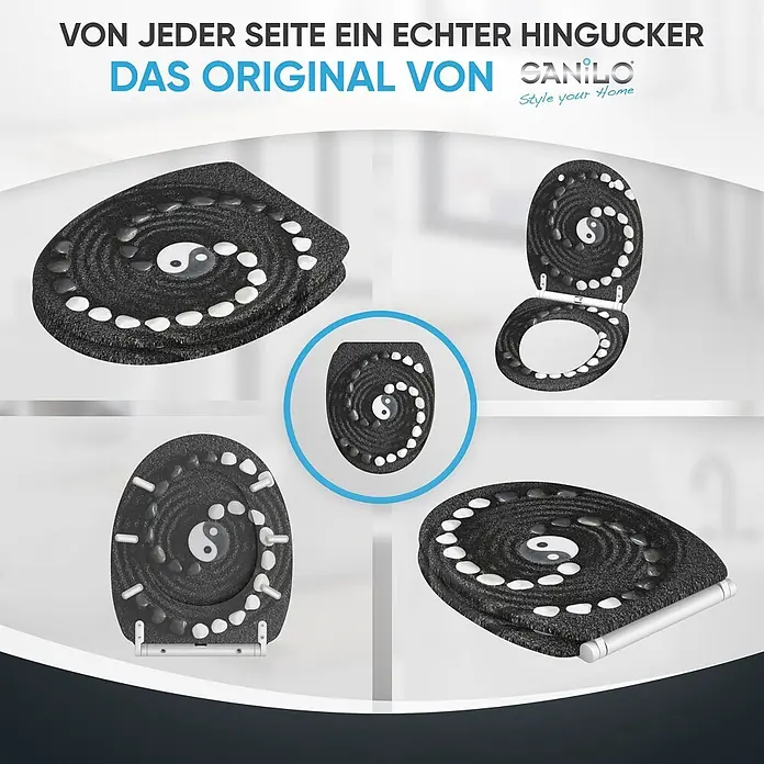 SANILO WC-Sitz Yin Yang mit Schnellverschluss - MDF, Schwarz, Mit Absenkautomatik - Toilettensitz im schwarzen Zen-Garten-Design mit Yin-Yang-Symbol und spiralförmig angeordneten weißen und schwarzen Kieselsteinen.
