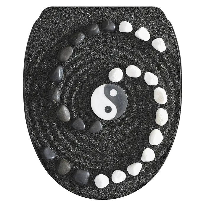 SANILO WC-Sitz Yin Yang mit Schnellverschluss - MDF, Schwarz, Mit Absenkautomatik - Toilettensitz mit schwarzem Sand-Zen-Garten-Design, Yin-Yang-Symbol und spiralförmig angeordneten schwarzen und weißen Steinen.