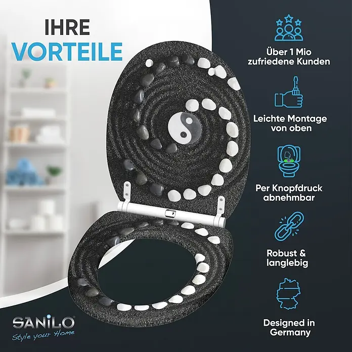 SANILO WC-Sitz Yin Yang mit Schnellverschluss - MDF, Schwarz, Mit Absenkautomatik - Schwarzer Toilettensitz mit Zen-Garten-Design, schwarzen Sand, weißen und schwarzen Steinen sowie einem Yin-Yang-Symbol.