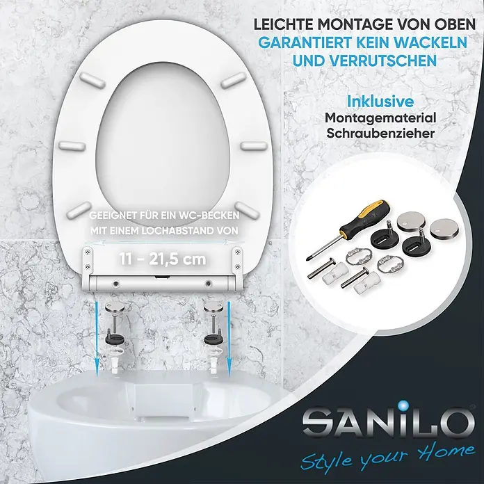 SANILO WC-Sitz Weiß mit Schnellverschluss - MDF, Weiß, Mit Absenkautomatik - Weißer Toilettensitz mit Top-Montage-Kit (inkl. Schraubendreher), abgebildet mit verstellbarem Lochabstand für WCs.