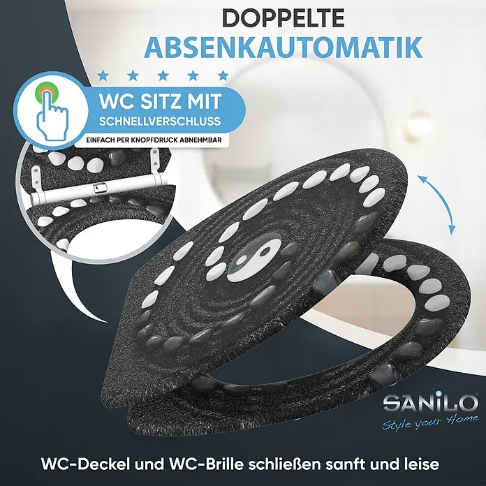 SANILO WC-Sitz Yin Yang mit Schnellverschluss - MDF, Schwarz, Mit Absenkautomatik - Schwarzer texturierter WC-Sitz mit Dekorsteinen und Yin-Yang-Design, ausgestattet mit Absenkautomatik und Schnellverschluss.