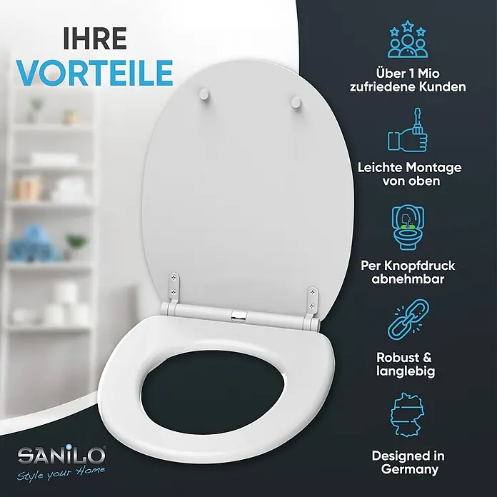 SANILO WC-Sitz Weiß mit Schnellverschluss - MDF, Weiß, Mit Absenkautomatik - Weißer Toilettensitz mit geöffnetem Deckel.