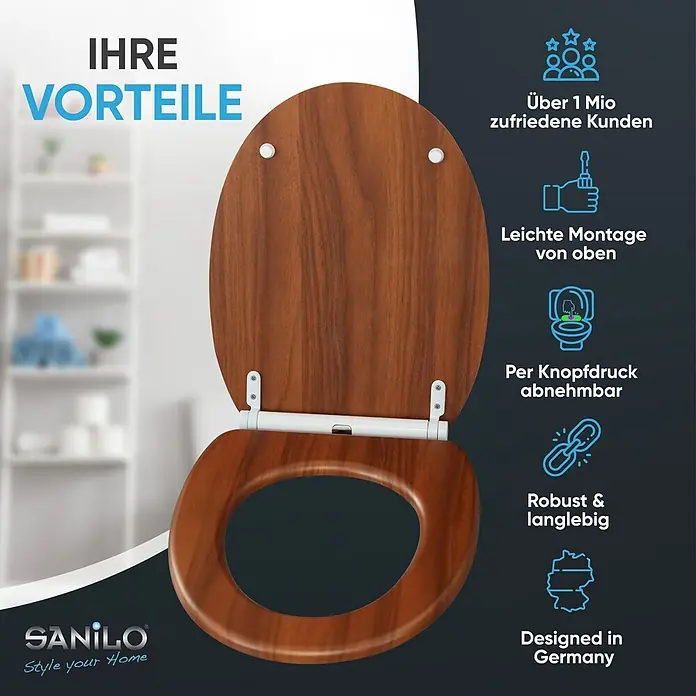 SANILO WC-Sitz Mahagoni mit Schnellverschluss - MDF, Braun, Mit Absenkautomatik - Brauner Toilettensitz aus Holz mit offenem Deckel und weißen Scharnieren.