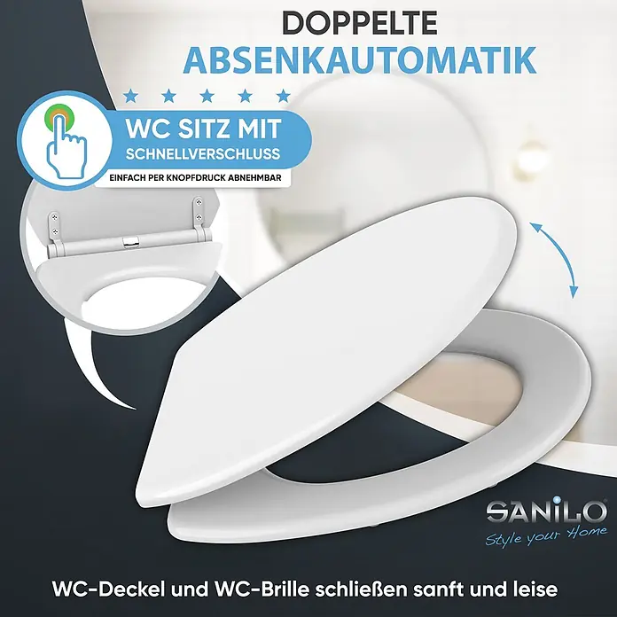 SANILO WC-Sitz Weiß mit Schnellverschluss - MDF, Weiß, Mit Absenkautomatik - Weißer WC-Sitz mit Absenkautomatik und Schnellverschluss, der sanft und leise schließt.