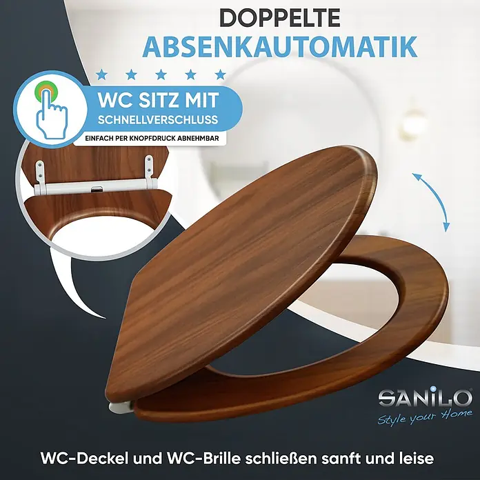 SANILO WC-Sitz Mahagoni mit Schnellverschluss - MDF, Braun, Mit Absenkautomatik - Dunkler WC-Sitz in Holzoptik mit Absenkautomatik und Schnellverschluss, der sanft und leise schließt.