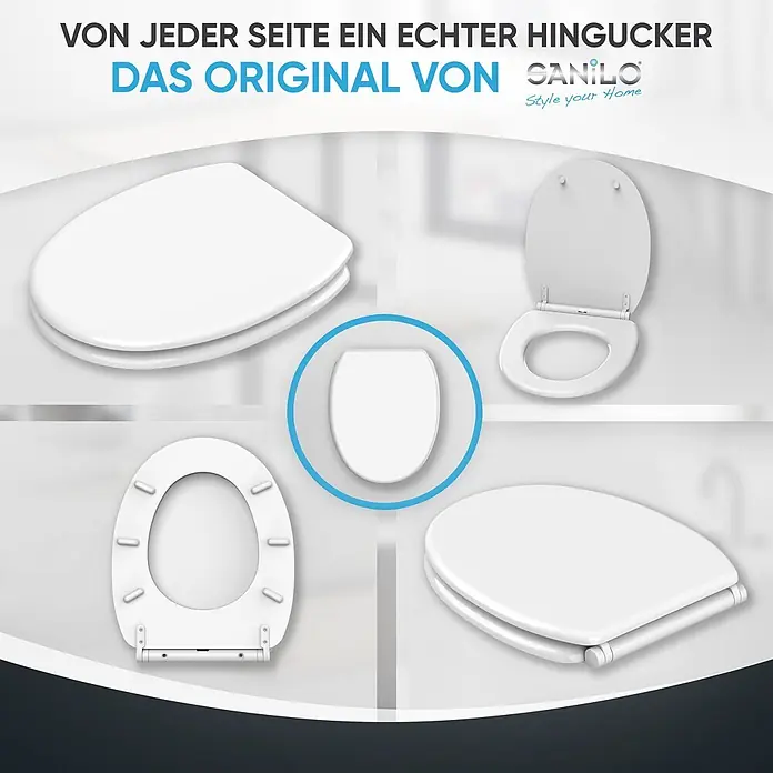 SANILO WC-Sitz Weiß mit Schnellverschluss - MDF, Weiß, Mit Absenkautomatik - Mehrere Ansichten eines weißen Toilettensitzes: geschlossen, geöffnet, Unterseite mit Scharnieren und Seitenprofil.