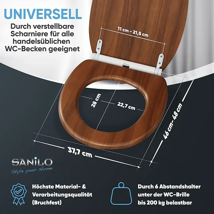 SANILO WC-Sitz Mahagoni mit Schnellverschluss - MDF, Braun, Mit Absenkautomatik - Brauner Toilettensitz aus Holz mit Deckel, zeigt Maße für universelle Passform und bis zu 200 kg Belastbarkeit.