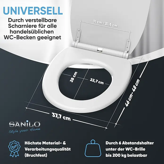 SANILO WC-Sitz Weiß mit Schnellverschluss - MDF, Weiß, Mit Absenkautomatik - Weißer Toilettensitz mit verstellbaren Scharnieren (11-21,5 cm) und Maßen (37,7 x 46-48 cm), bruchfest, bis 200 kg belastbar.
