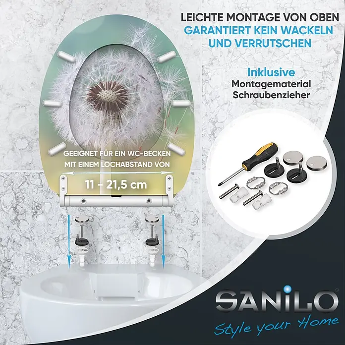 SANILO WC-Sitz Pusteblume mit Schnellverschluss - MDF, Türkis, Mit Absenkautomatik - WC-Sitz mit Pusteblumenmotiv, einfache Top-Montage. Inkl. Montagematerial & Schraubenzieher. Lochabstand 11-21,5 cm.