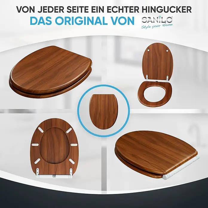 SANILO WC-Sitz Mahagoni mit Schnellverschluss - MDF, Braun, Mit Absenkautomatik - Brauner Toilettensitz aus Holz mit sichtbarer Maserung, in mehreren Ansichten gezeigt: geschlossen, offen, Unterseite.
