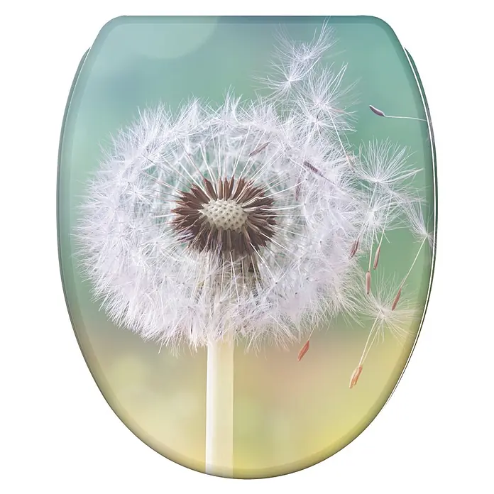 SANILO WC-Sitz Pusteblume mit Schnellverschluss - MDF, Türkis, Mit Absenkautomatik - Toilettensitz mit Pusteblumen-Design, Samen fliegen weg, auf weichem grün-gelben Hintergrund.