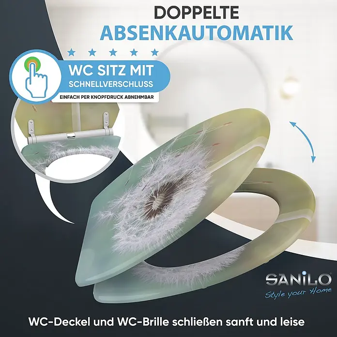 SANILO WC-Sitz Pusteblume mit Schnellverschluss - MDF, Türkis, Mit Absenkautomatik - WC-Sitz mit Pusteblumenmotiv, doppelter Absenkautomatik und Schnellverschluss. Deckel und Brille schließen sanft und leise.