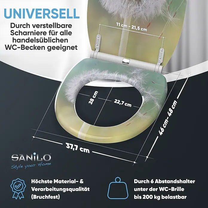 SANILO WC-Sitz Pusteblume mit Schnellverschluss - MDF, Türkis, Mit Absenkautomatik - Toilettensitz mit Pusteblumenmotiv. Universelle Scharniere, hohe Qualität, bis 200kg belastbar.