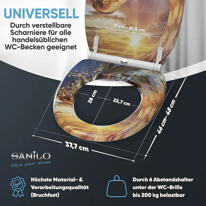 SANILO WC-Sitz Wave mit Schnellverschluss - MDF, Orange, Mit Absenkautomatik - Universeller WC-Sitz mit Wellen-/Sonnenuntergang-Motiv, verstellbare Scharniere, bruchfest und bis 200 kg belastbar.