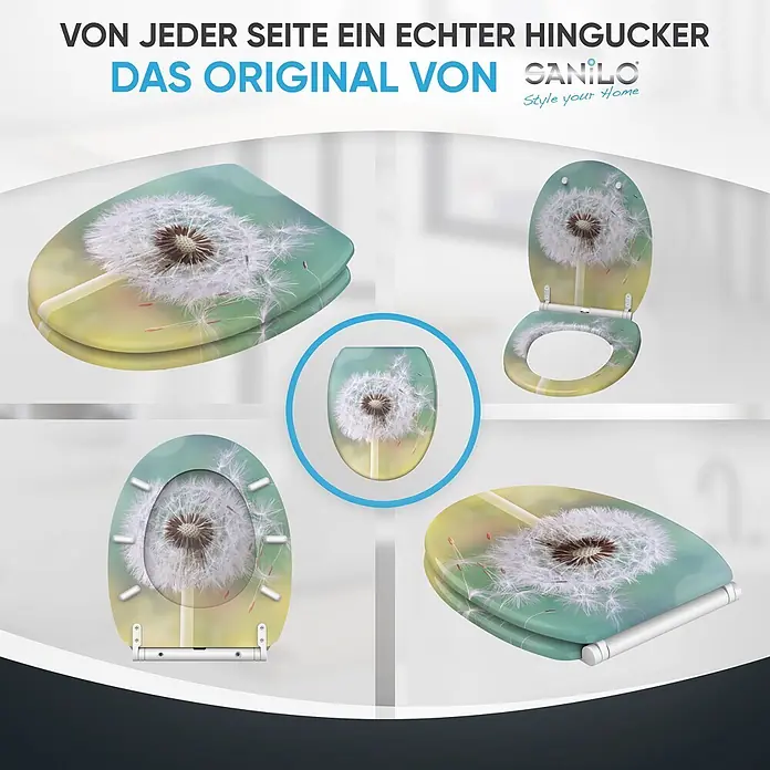 SANILO WC-Sitz Pusteblume mit Schnellverschluss - MDF, Türkis, Mit Absenkautomatik - Toilettensitz mit realistischem Pusteblumenmotiv in Grün- und Gelbtönen.