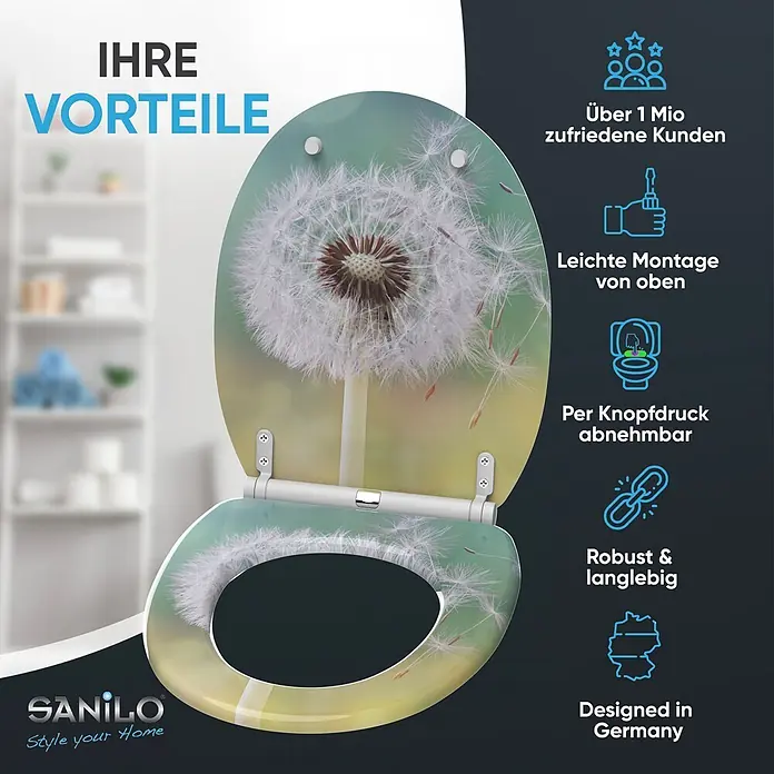 SANILO WC-Sitz Pusteblume mit Schnellverschluss - MDF, Türkis, Mit Absenkautomatik - Weißer WC-Sitz mit detailreichem Löwenzahn-Motiv und von oben montierbaren Schnellverschluss-Scharnieren.