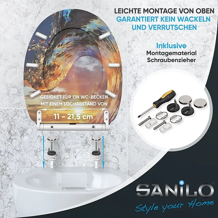 SANILO WC-Sitz Wave mit Schnellverschluss - MDF, Orange, Mit Absenkautomatik - Dekorativer WC-Sitz mit Wellenmuster, Montage von oben mit Schraubenzieher gezeigt. Verstellbarer Lochabstand (11-21,5 cm) für stabile Befestigung.