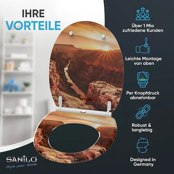 SANILO WC-Sitz Grand Canyon mit Schnellverschluss - MDF, Orange, Mit Absenkautomatik - Toilettensitz mit lebendigem Grand Canyon Sonnenuntergangs-Aufdruck, robust und mit Schnellverschluss-Scharnieren.