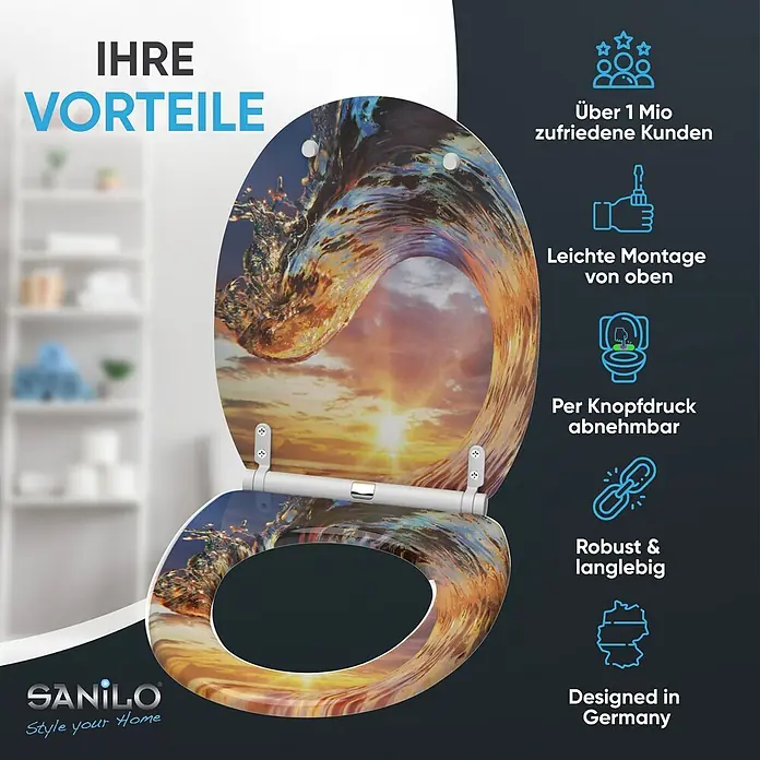 SANILO WC-Sitz Wave mit Schnellverschluss - MDF, Orange, Mit Absenkautomatik - Toilettensitz mit lebhaftem Wellen- und Sonnenuntergangsmotiv, mit einfacher Top-Montage und Schnellverschluss.