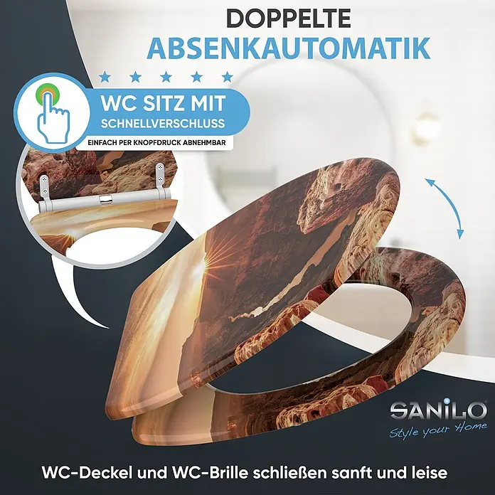 SANILO WC-Sitz Grand Canyon mit Schnellverschluss - MDF, Orange, Mit Absenkautomatik - Toilettensitz mit braunem Felsenlandschaftsdesign, ausgestattet mit Absenkautomatik und Schnellverschluss.