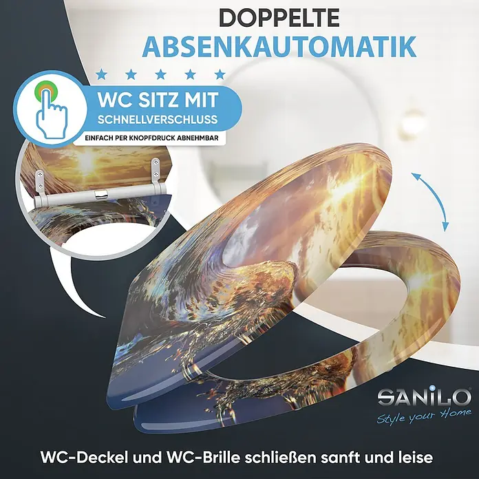 SANILO WC-Sitz Wave mit Schnellverschluss - MDF, Orange, Mit Absenkautomatik - Dekorativer WC-Sitz mit Sonnenuntergangs-/Wellenmuster, Doppel-Absenkautomatik und Schnellverschluss.