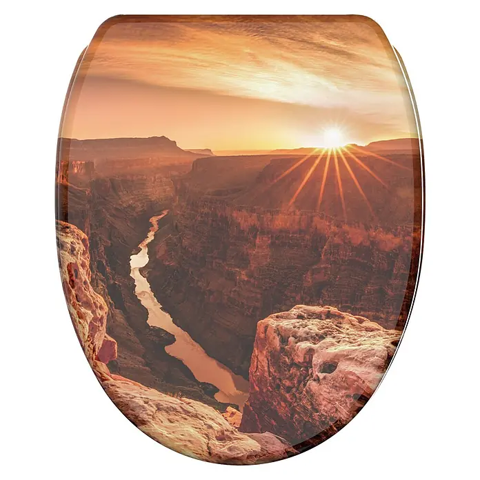 SANILO WC-Sitz Grand Canyon mit Schnellverschluss - MDF, Orange, Mit Absenkautomatik - Toilettensitzdeckel mit Grand-Canyon-Sonnenuntergangsprint, mit Fluss und Sonnenstrahlen.