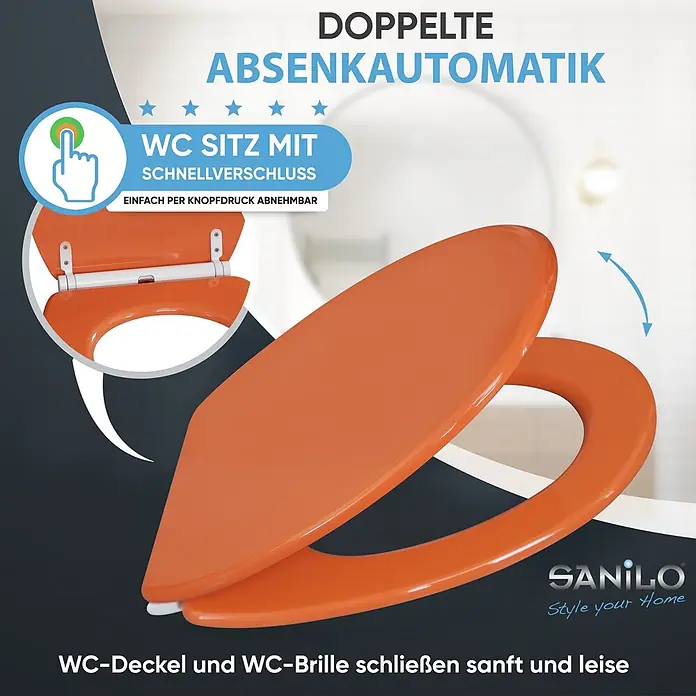 SANILO WC-Sitz Orange mit Schnellverschluss - MDF, Orange, Mit Absenkautomatik - Oranger WC-Sitz mit Doppel-Absenkautomatik und Schnellverschluss, leicht abnehmbar.