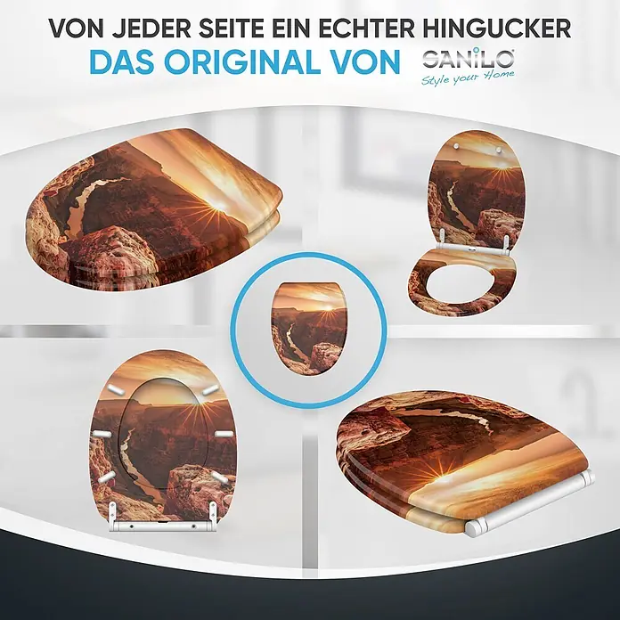 SANILO WC-Sitz Grand Canyon mit Schnellverschluss - MDF, Orange, Mit Absenkautomatik - Toilettensitz mit Grand-Canyon-Sonnenuntergang-Design, aus verschiedenen Perspektiven gezeigt.