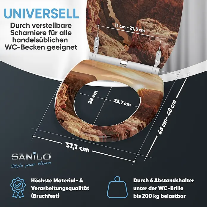 SANILO WC-Sitz Grand Canyon mit Schnellverschluss - MDF, Orange, Mit Absenkautomatik - WC-Sitz mit Grand Canyon Motiv, Maße und technische Details (universelle Passform, bruchfest, 200 kg belastbar) werden angezeigt.