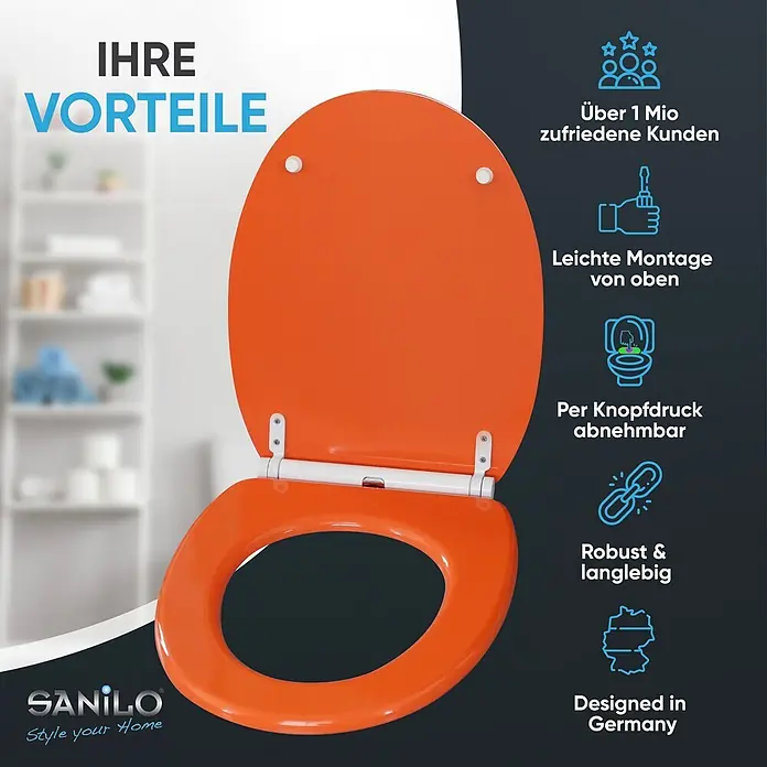 SANILO WC-Sitz Orange mit Schnellverschluss - MDF, Orange, Mit Absenkautomatik - Oranger Toilettensitz, Deckel offen, weiße Scharniere sichtbar.
