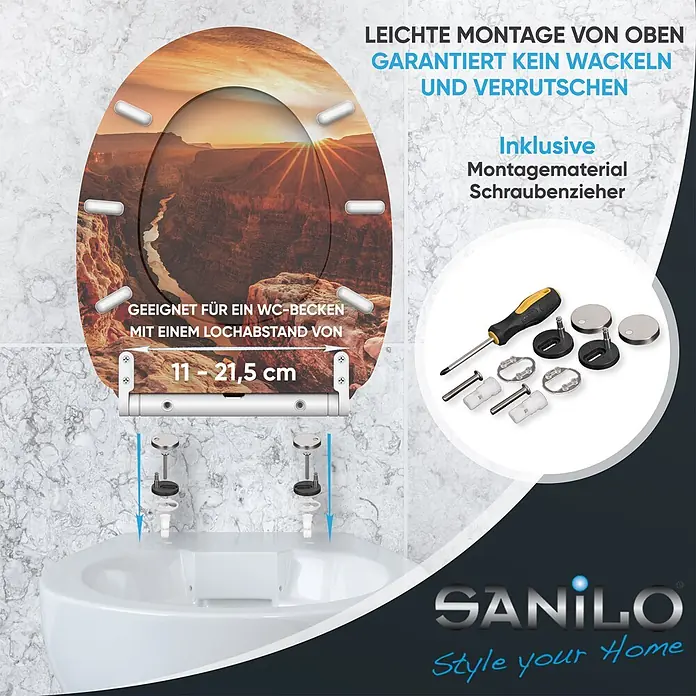 SANILO WC-Sitz Grand Canyon mit Schnellverschluss - MDF, Orange, Mit Absenkautomatik - WC-Sitz mit Grand Canyon-Druck, Top-Mount-Montage und enthaltenem Befestigungsmaterial inklusive Schraubenzieher. Passend für 11-21,5 cm Lochabstand.