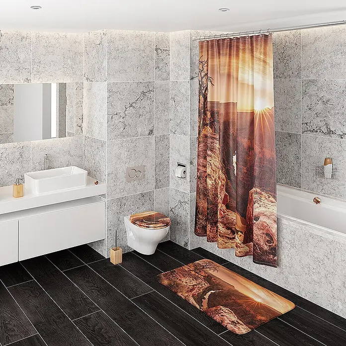 SANILO WC-Sitz Grand Canyon mit Schnellverschluss - MDF, Orange, Mit Absenkautomatik - Badezimmer-Set mit Duschvorhang, Toilettendeckel und Badematte, alle mit einem feurigen Canyon-Sonnenuntergangsdesign.