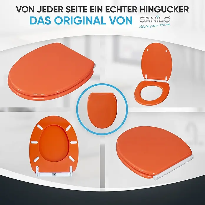 SANILO WC-Sitz Orange mit Schnellverschluss - MDF, Orange, Mit Absenkautomatik - Glänzender oranger WC-Sitz in verschiedenen Ansichten gezeigt, geschlossen, offen und von unten.